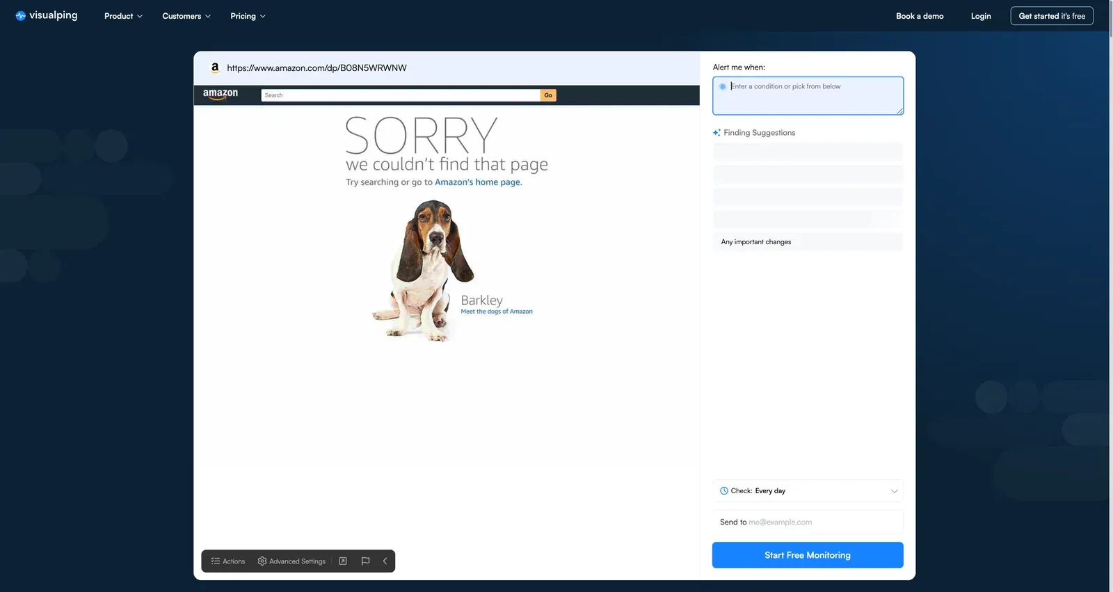 Visualping homepage with a product URL pasted and MindReader loading the page preview