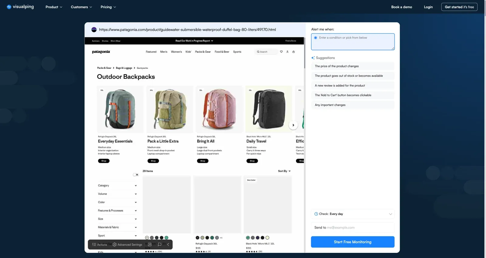 Visualping homepage with Patagonia product URL pasted and MindReader loading the preview