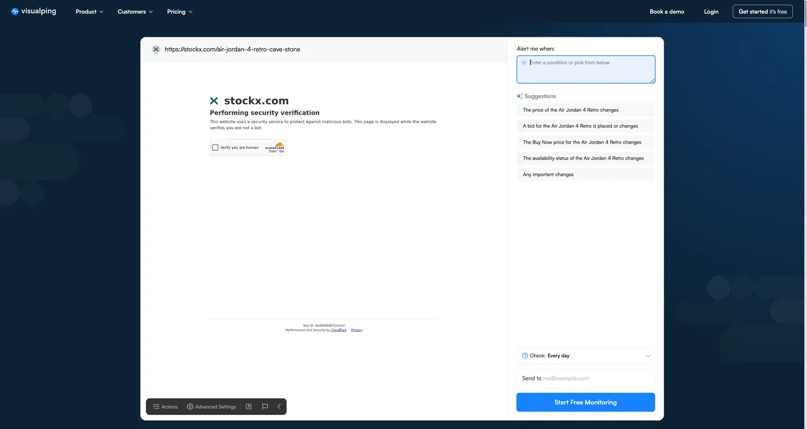 Visualping homepage with StockX product URL pasted and MindReader loading the preview
