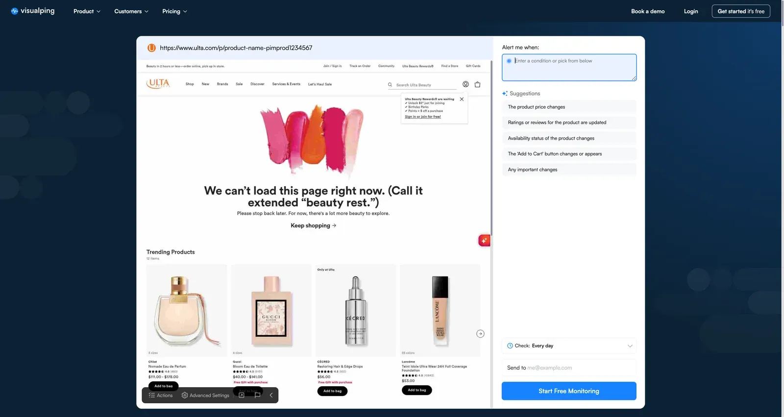 Visualping homepage with Ulta product URL pasted and MindReader loading the preview