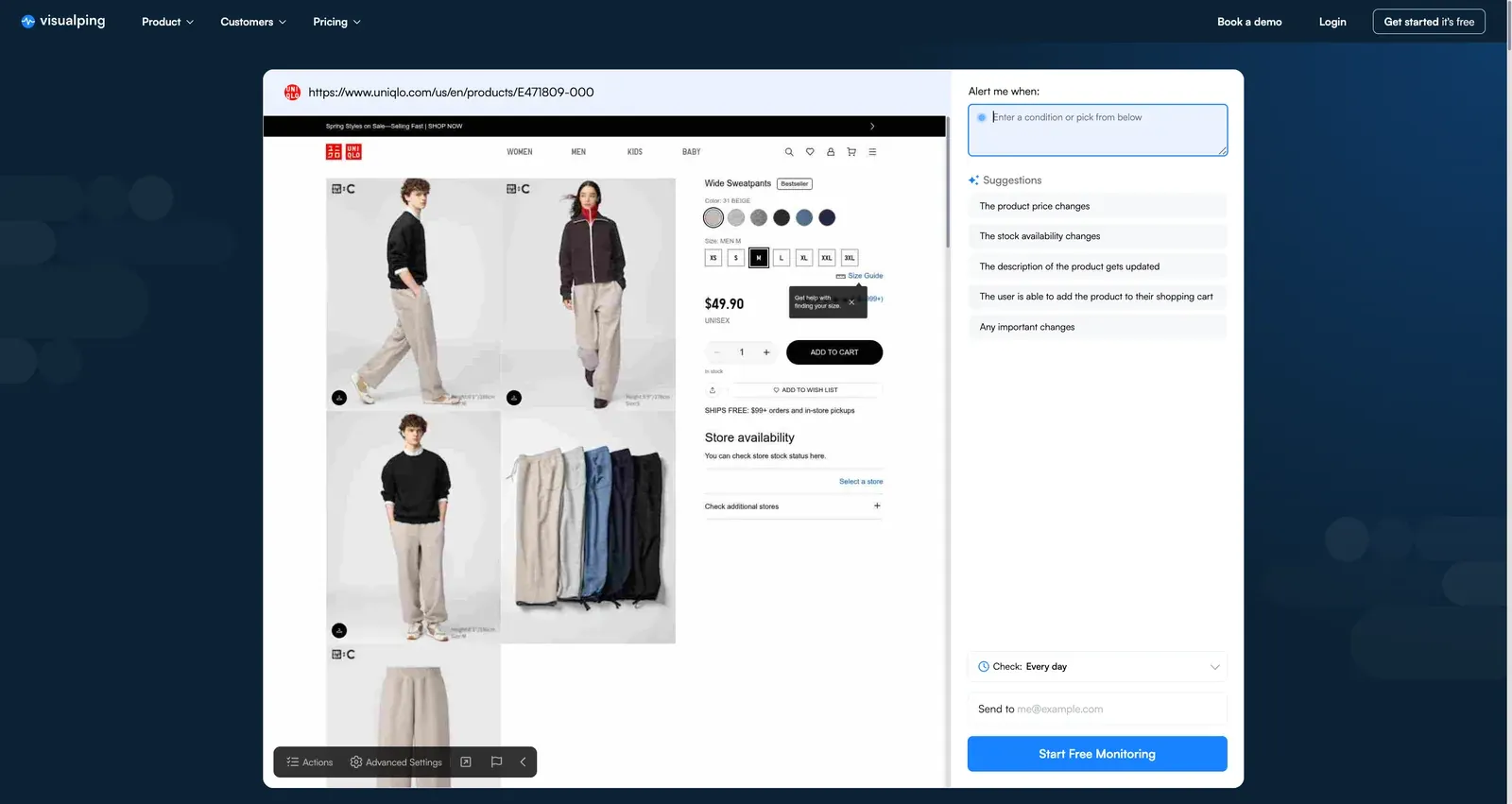 Visualping homepage with Uniqlo product URL pasted and MindReader loading the preview