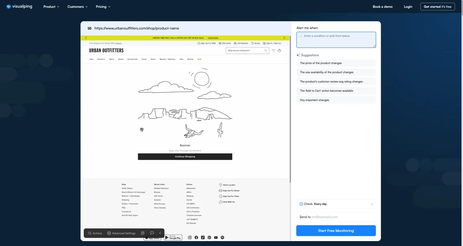 Visualping homepage with Urban Outfitters product URL pasted and MindReader loading the preview