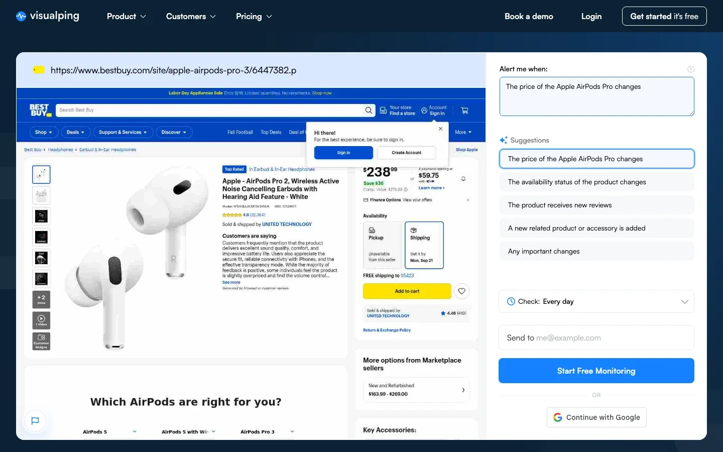 Visualping monitor setup on a Best Buy AirPods Pro listing showing a discounted price, with the alert condition set to the price changing