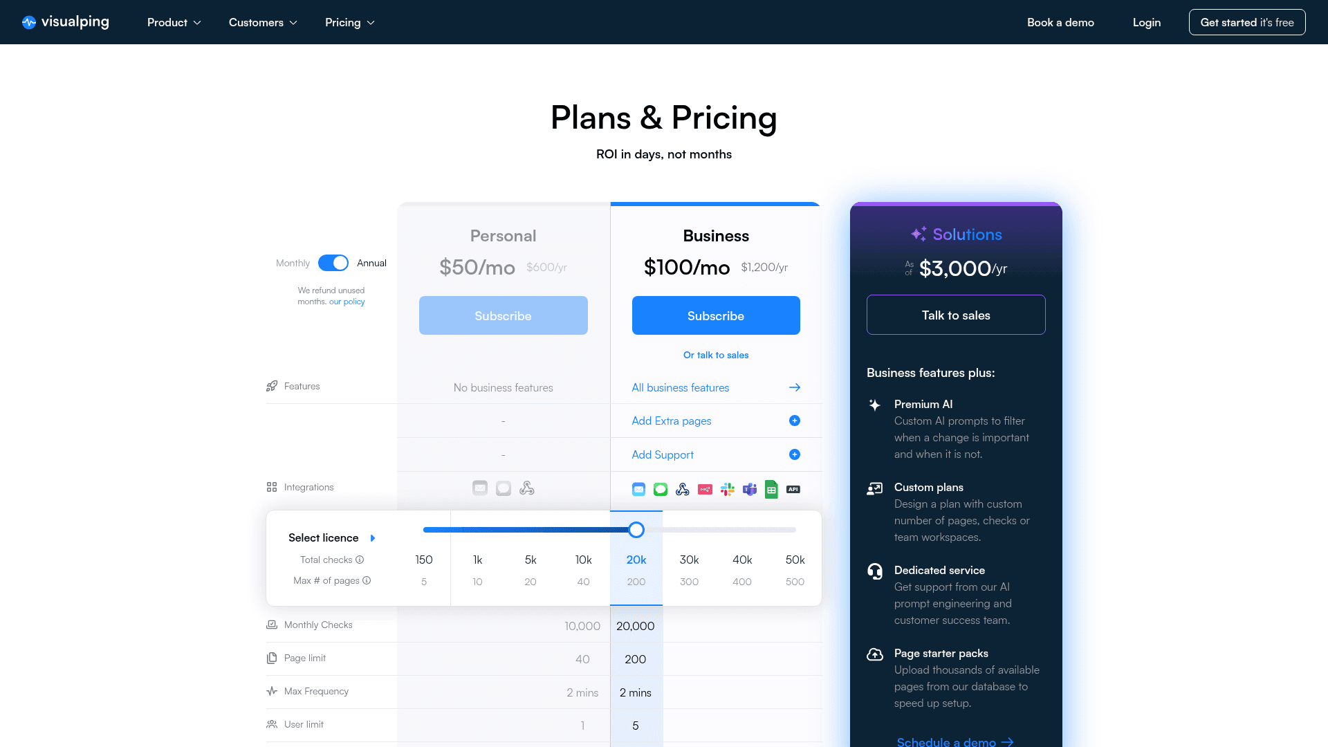 Visualping pricing plans: Personal, Business, and Solutions