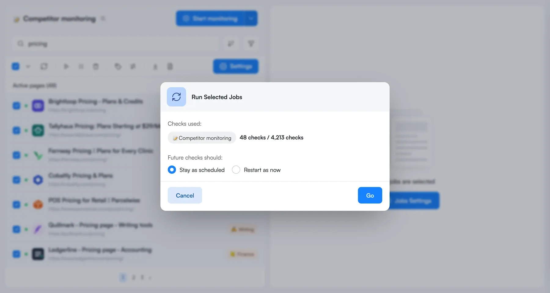 Visualping Run Selected Jobs dialog showing checks used and the Stay as scheduled option