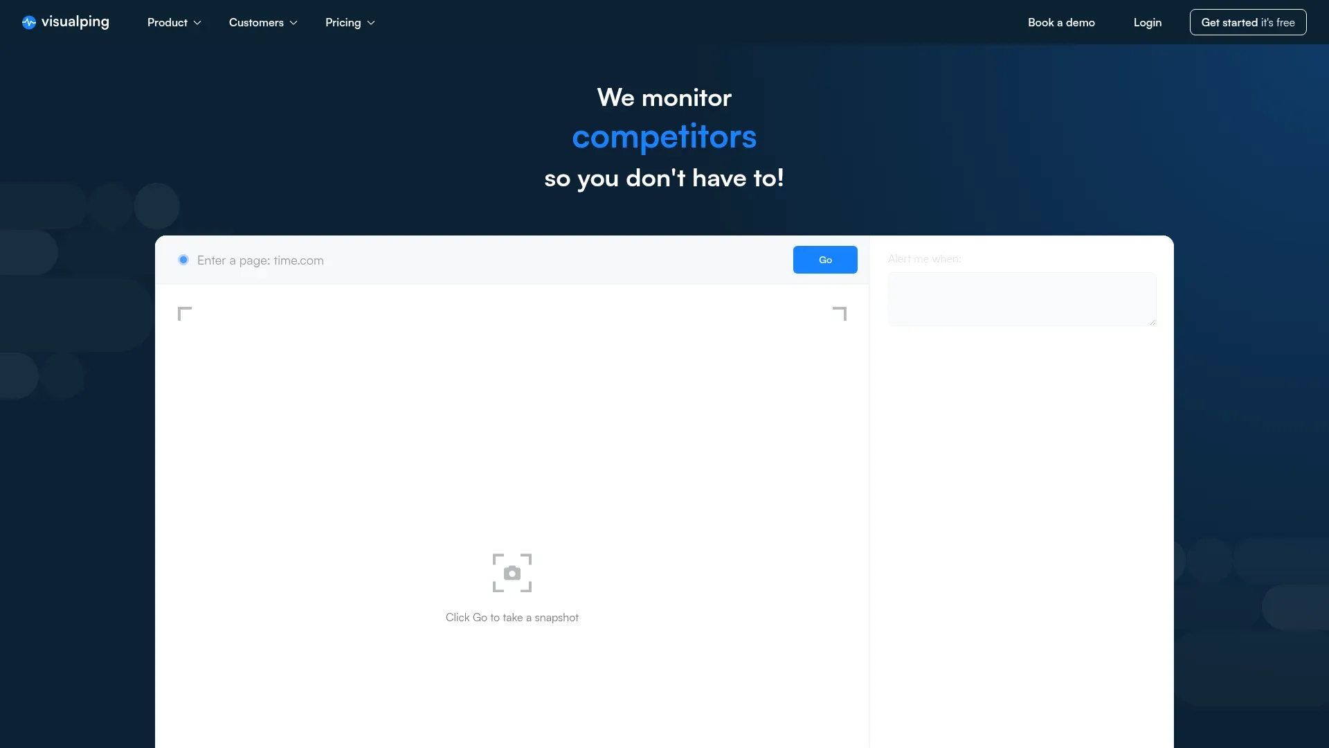 Visualping homepage showing AI-powered website change monitoring dashboard