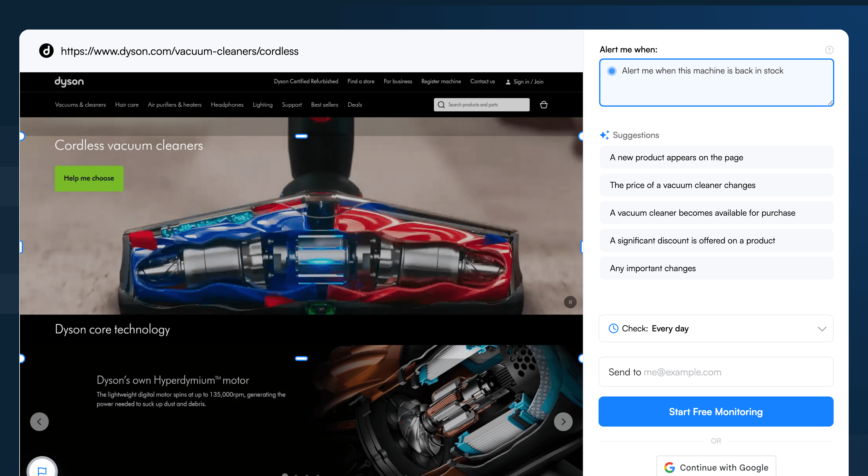 A selection box drawn on the Visualping page preview to monitor just the product area you care about