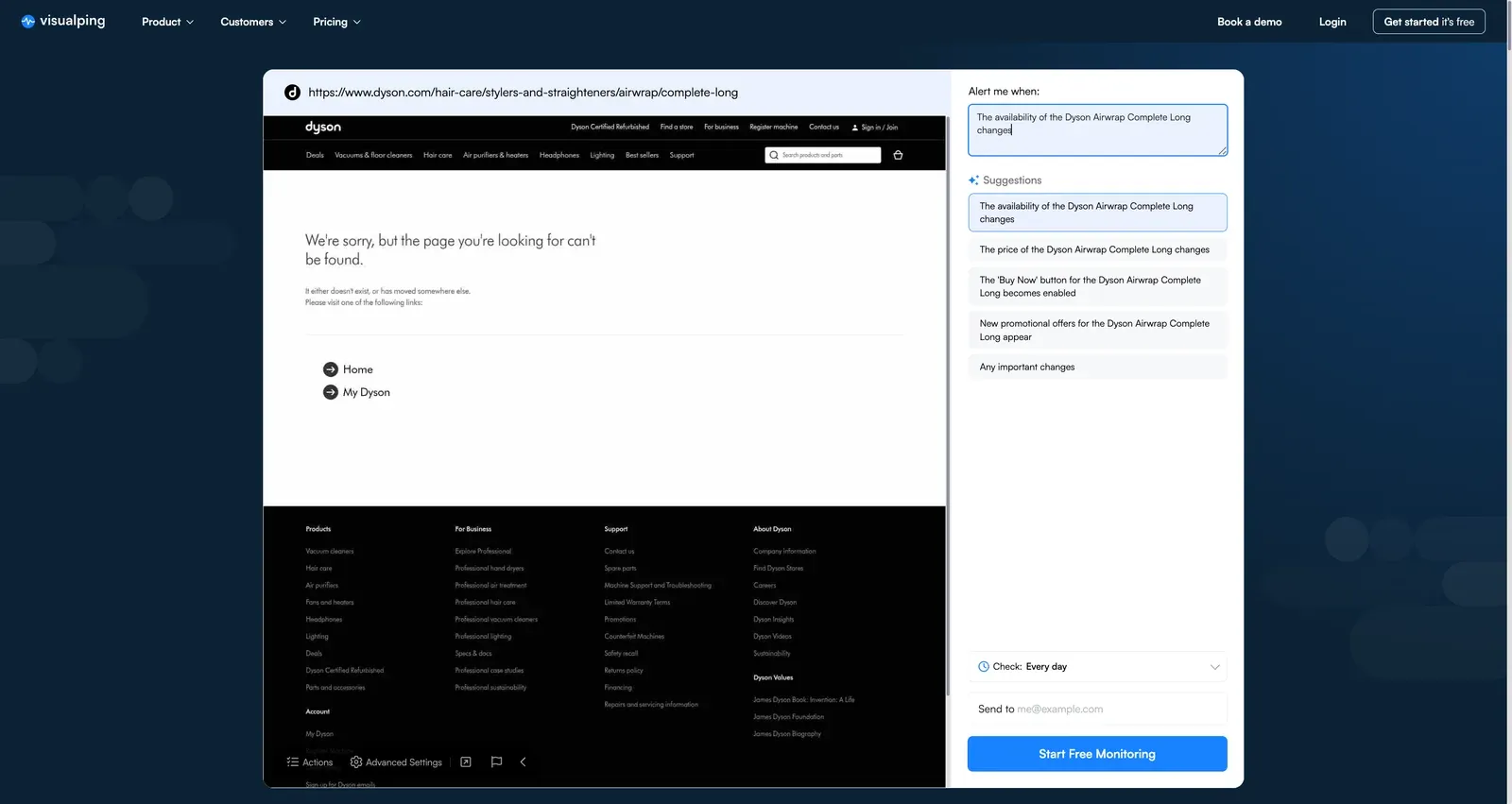 Visualping visual selector highlighting the Dyson colorway selector and Add to basket area
