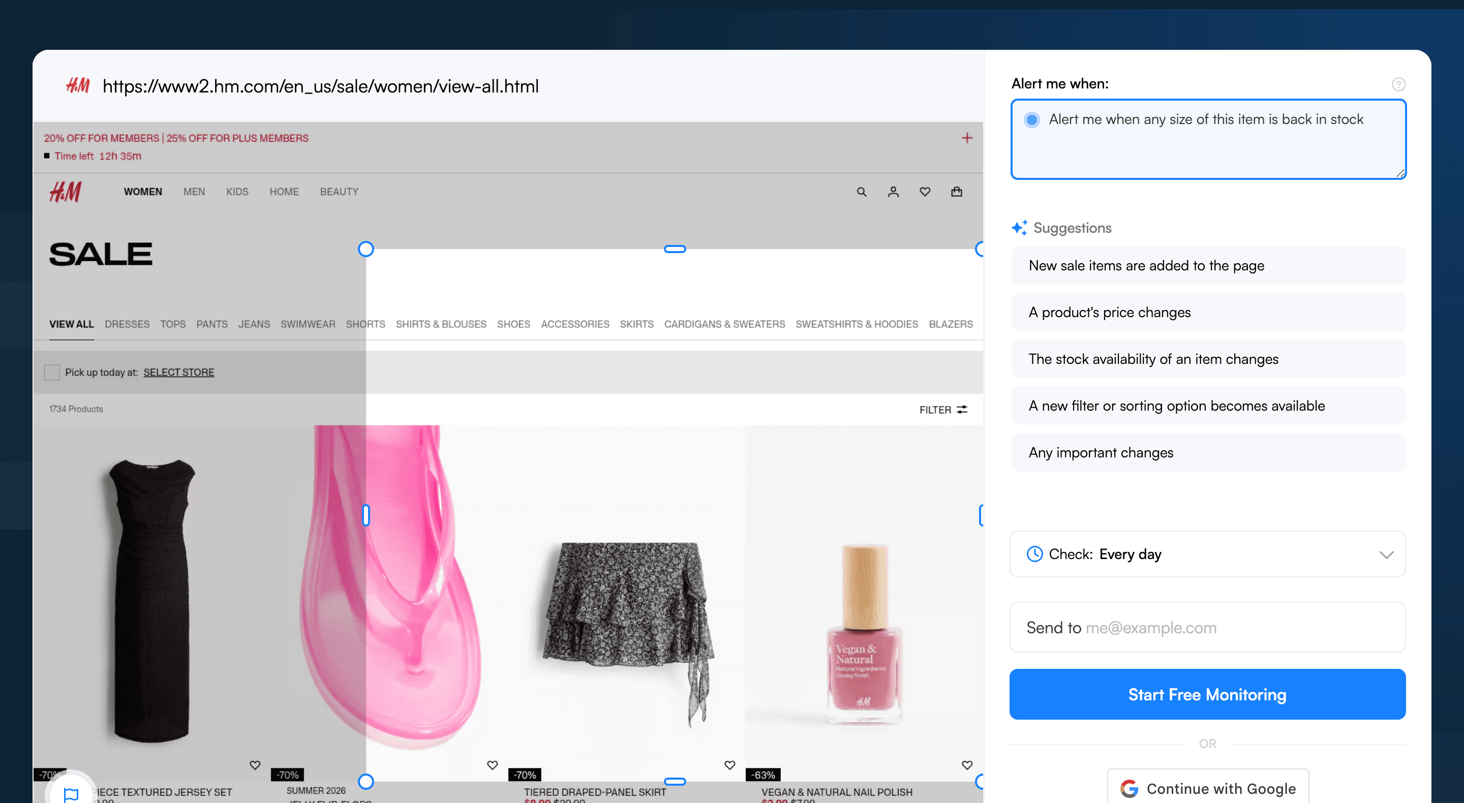 A selection box drawn on the Visualping page preview to monitor just the sale items you care about