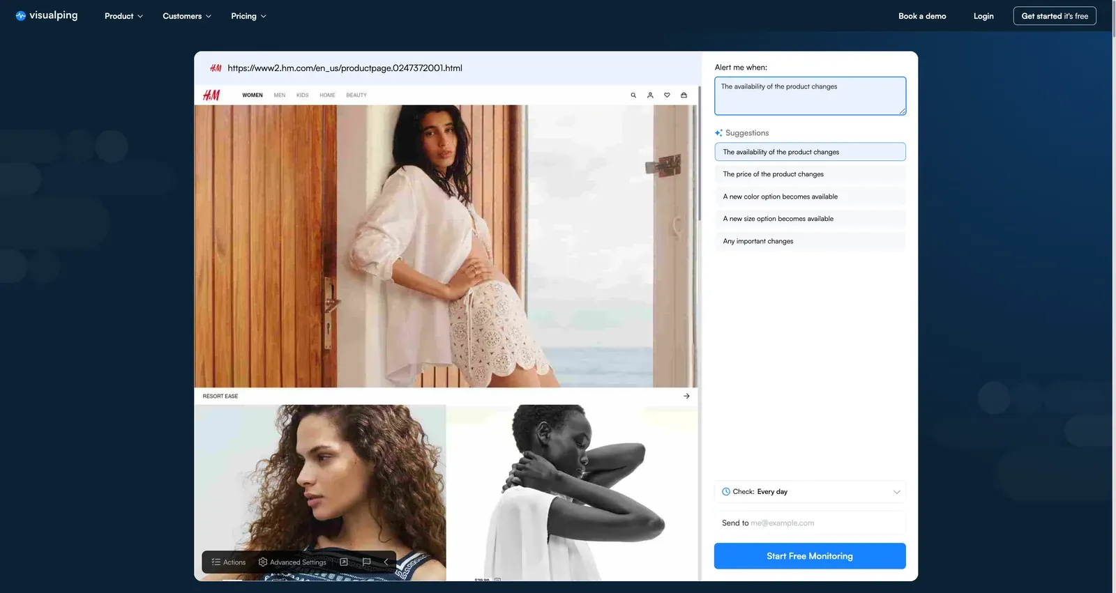 Visualping visual selector highlighting the H&M size buttons and Add to bag area