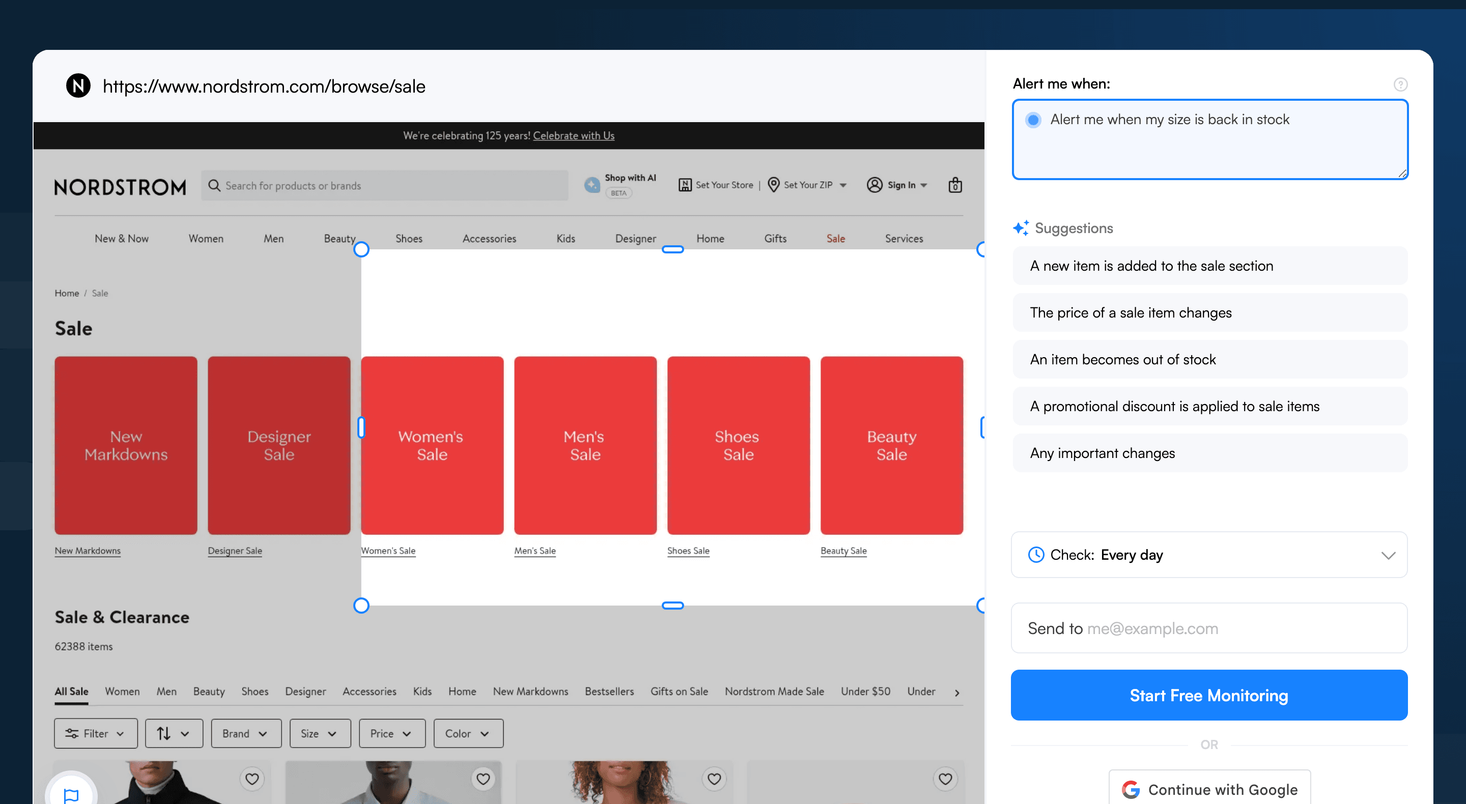 A selection box drawn on the Visualping page preview to monitor just the sale section you care about