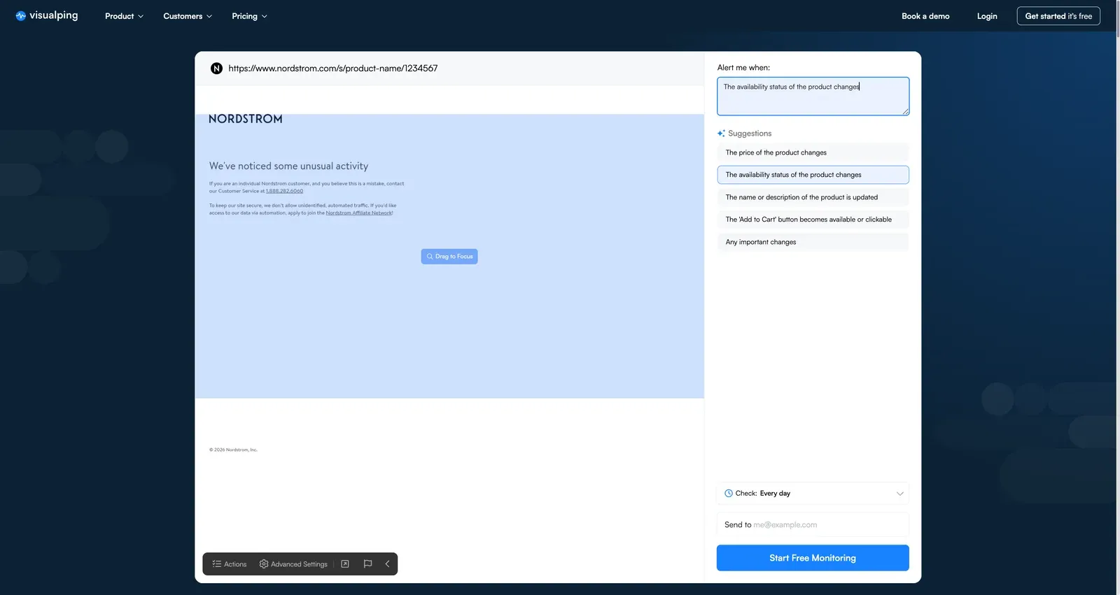 Visualping visual selector highlighting the Nordstrom size grid and Add to Bag area