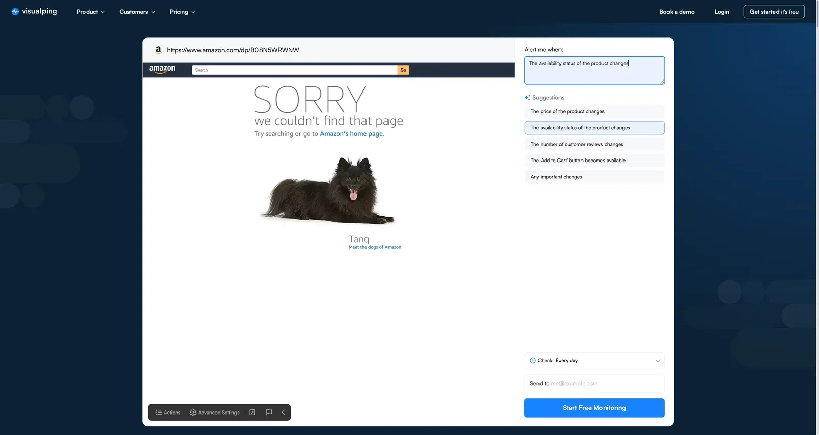 Visualping visual selector showing a product page with the availability section highlighted