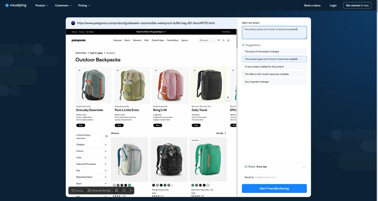 Visualping visual selector highlighting the Patagonia size buttons and Add to Cart area