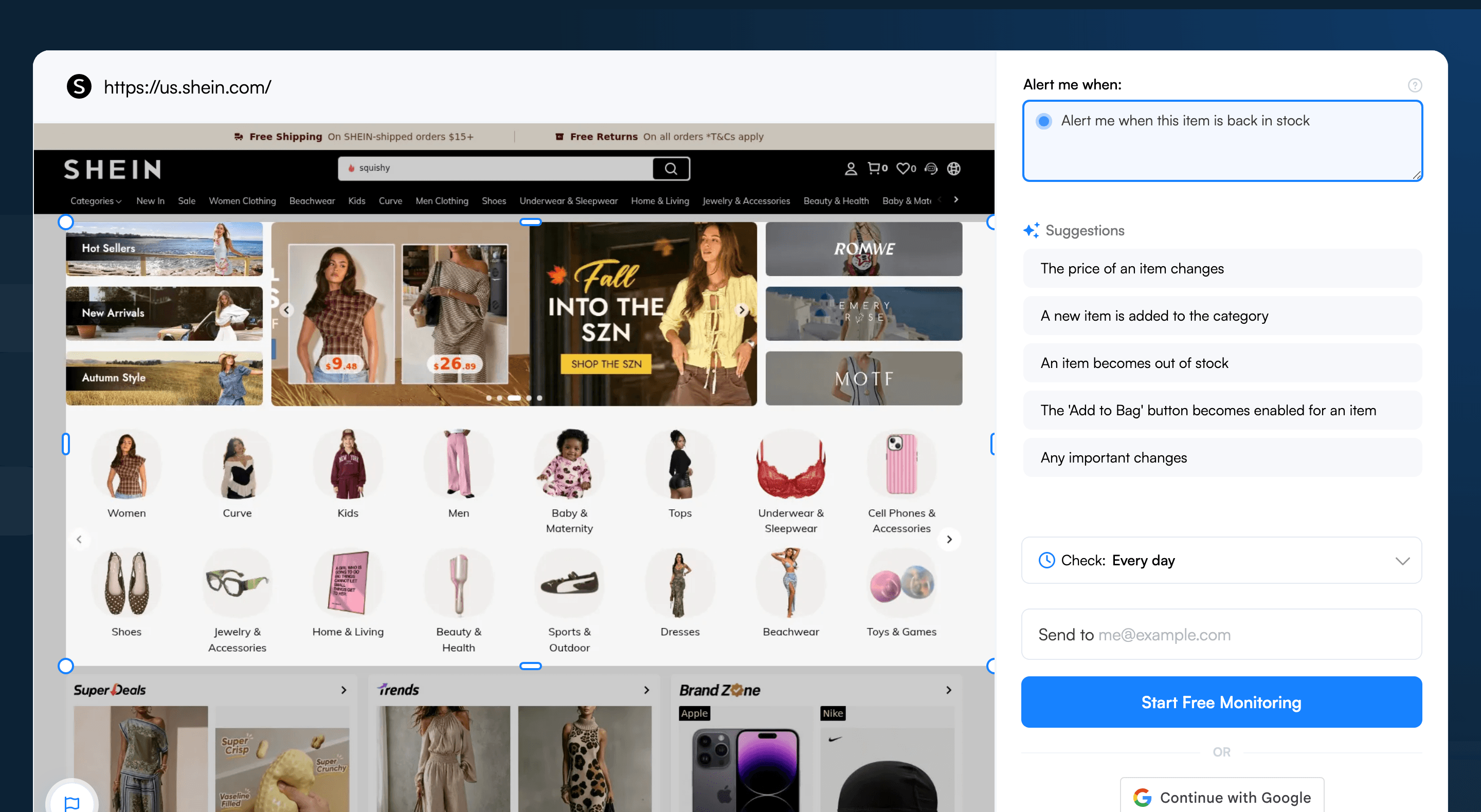 A selection box drawn on the Visualping page preview to monitor just the availability section