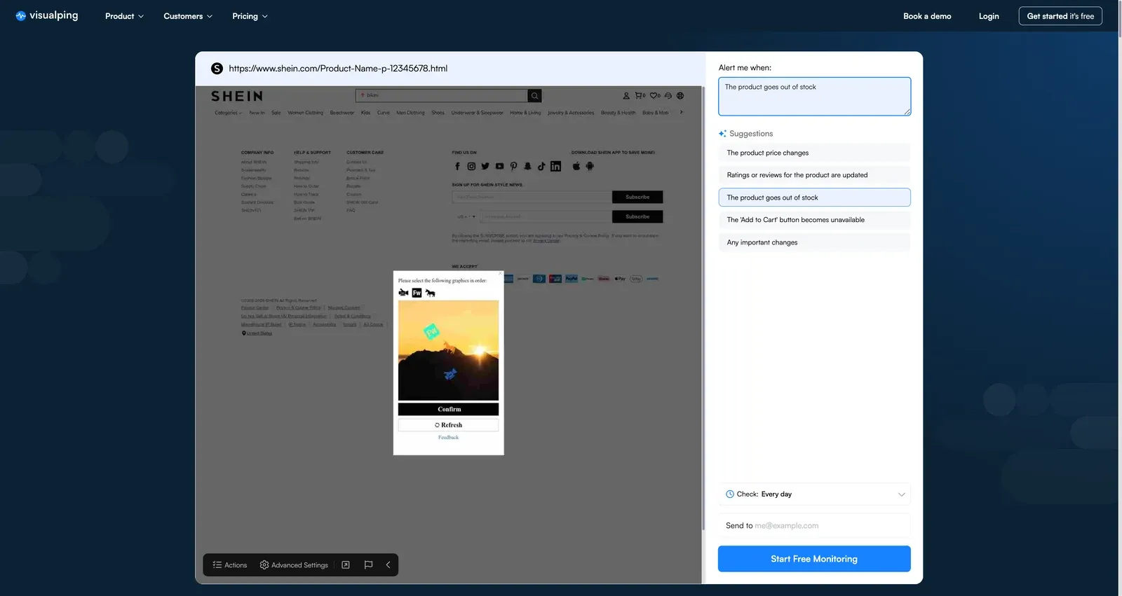 Visualping visual selector highlighting the Shein size buttons and Add to Cart area