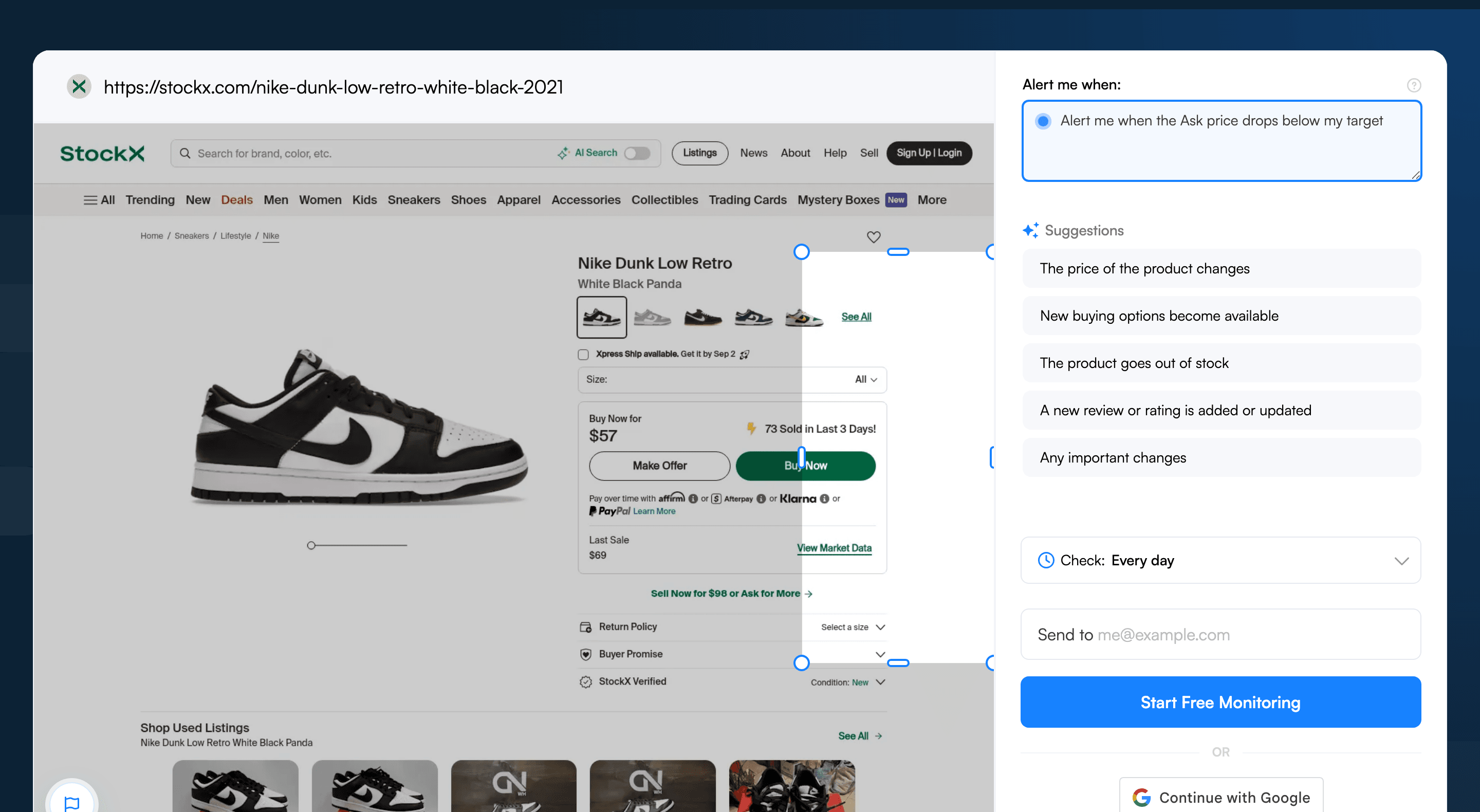 A selection box drawn on the Visualping page preview to monitor just the Ask, Bid and Last Sale prices