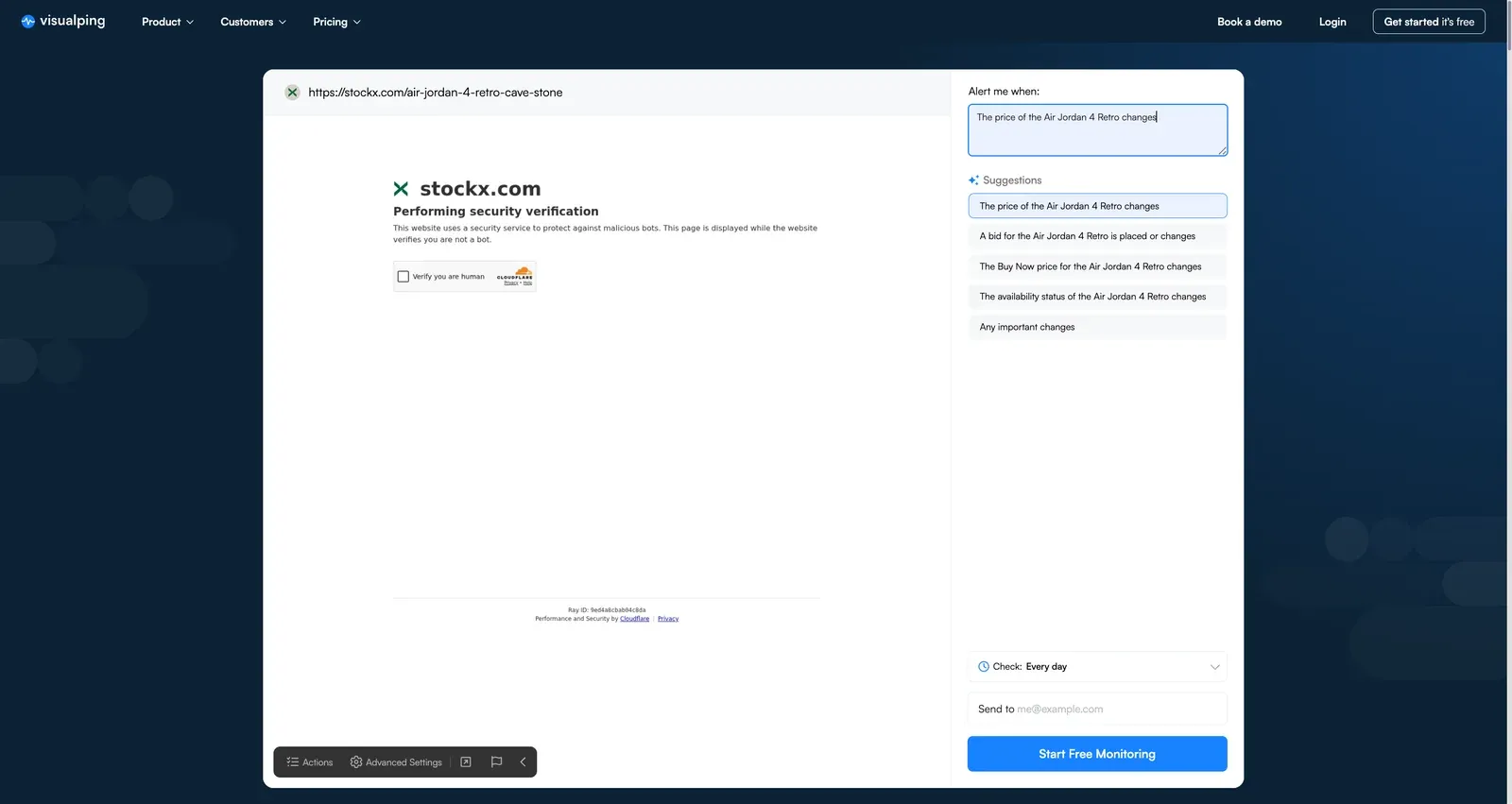 Visualping visual selector highlighting the StockX Ask Bid and Last Sale pricing area