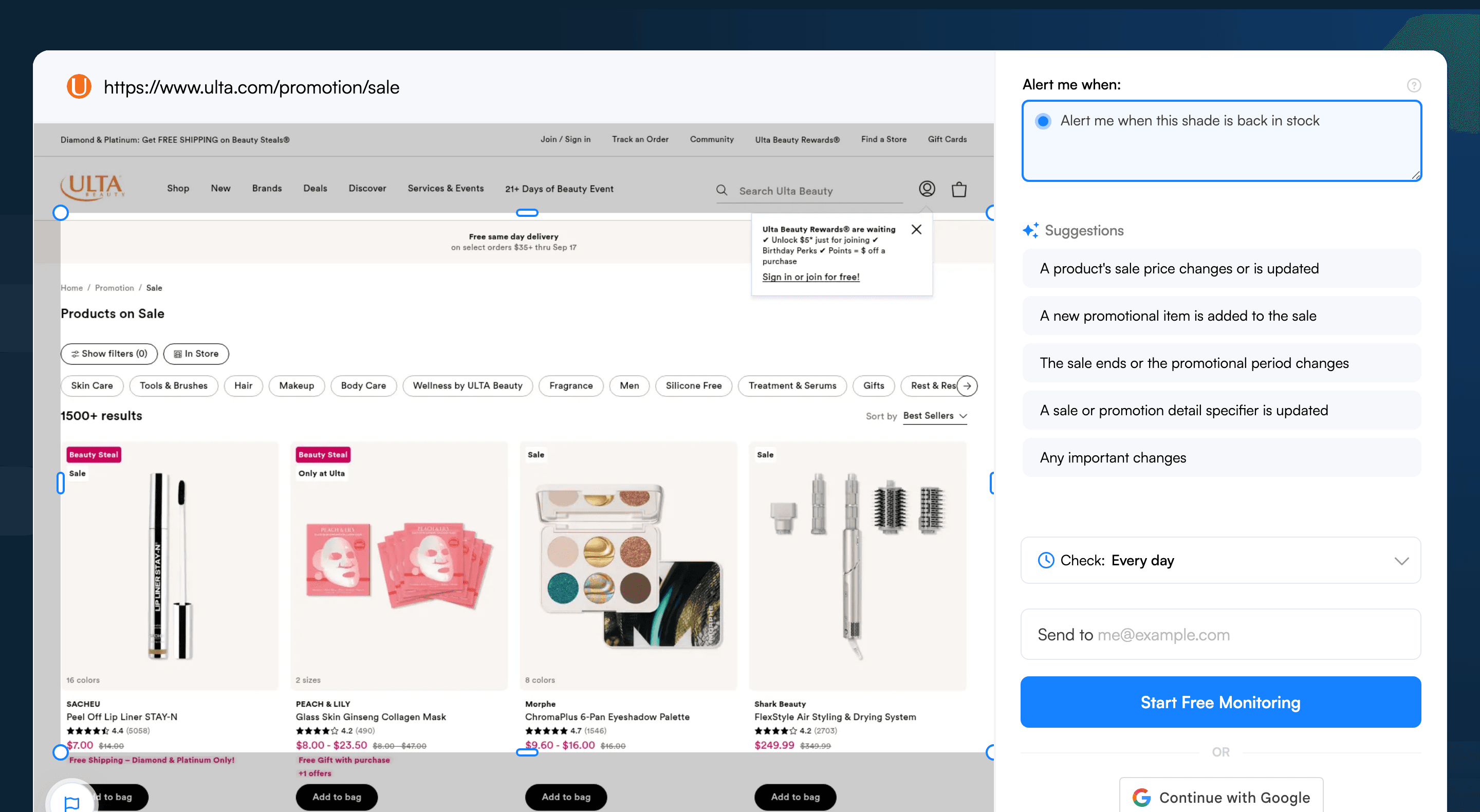 A selection box drawn on the Visualping page preview to monitor just the product area you care about