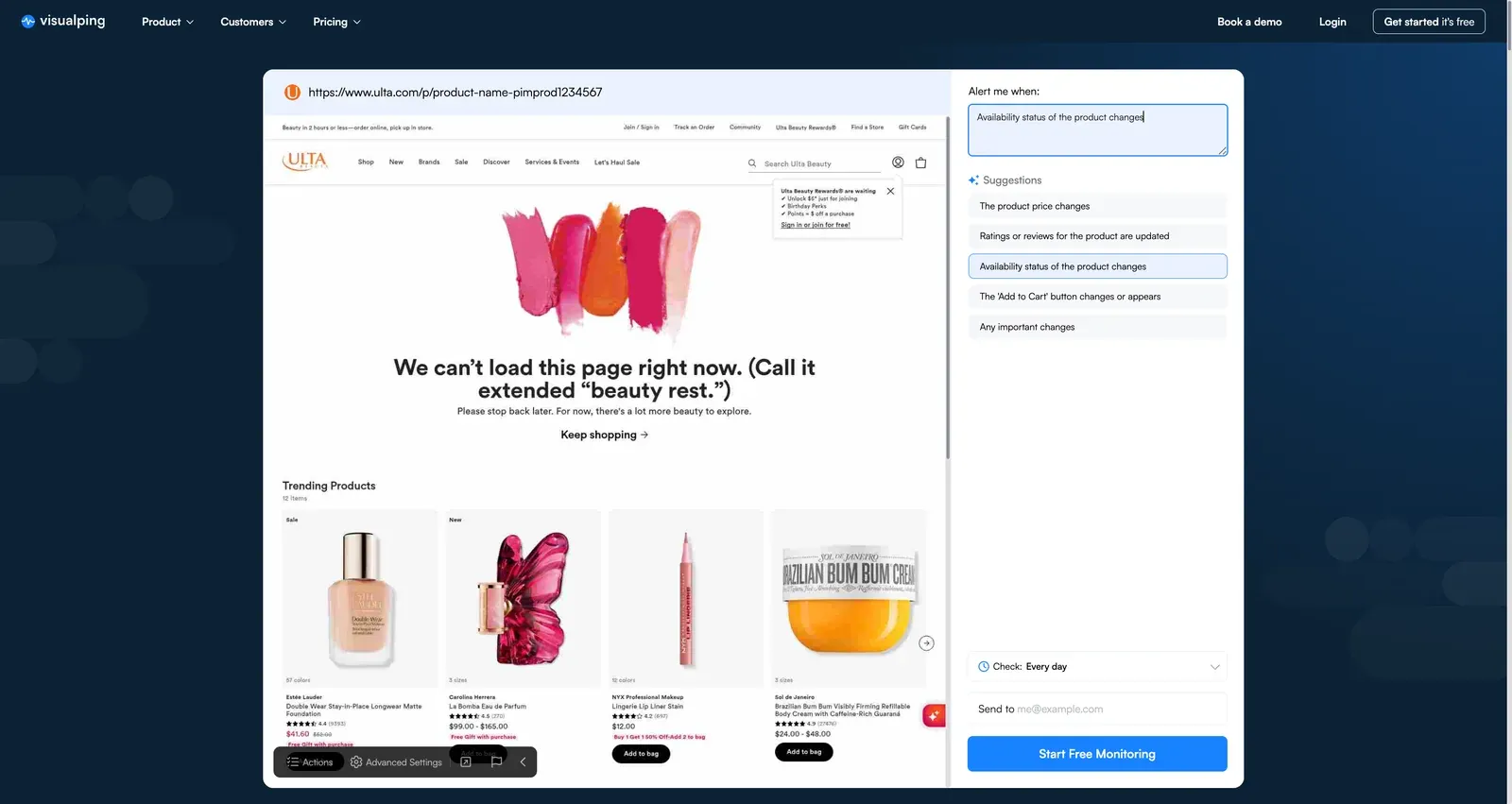 Visualping visual selector focused on the Ulta Add to Bag and shade selector area