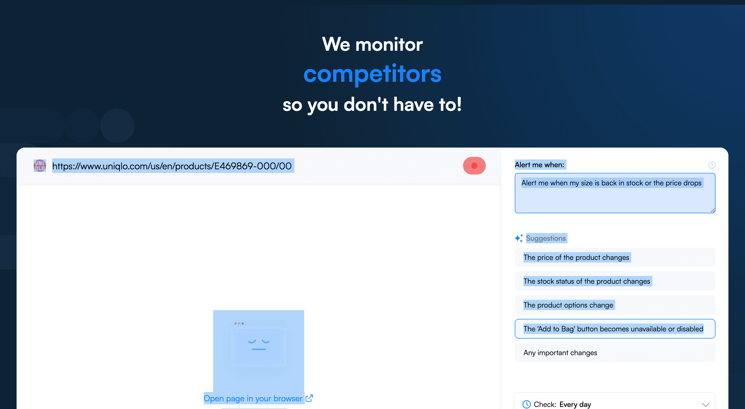 A selection box drawn on the Visualping page preview to monitor just the size grid, price, and stock status