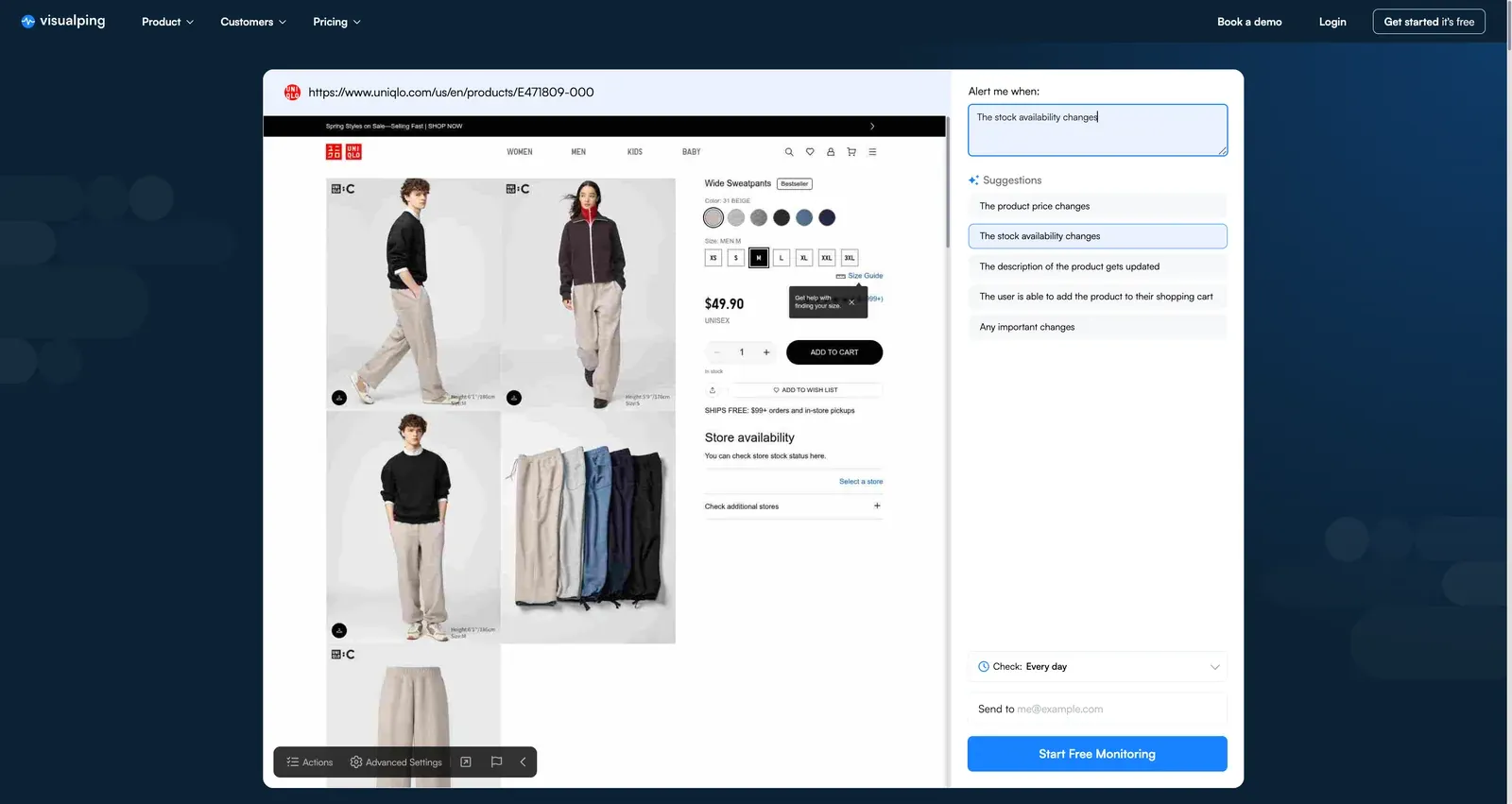 Visualping visual selector highlighting the Uniqlo size grid price and Add to Cart area