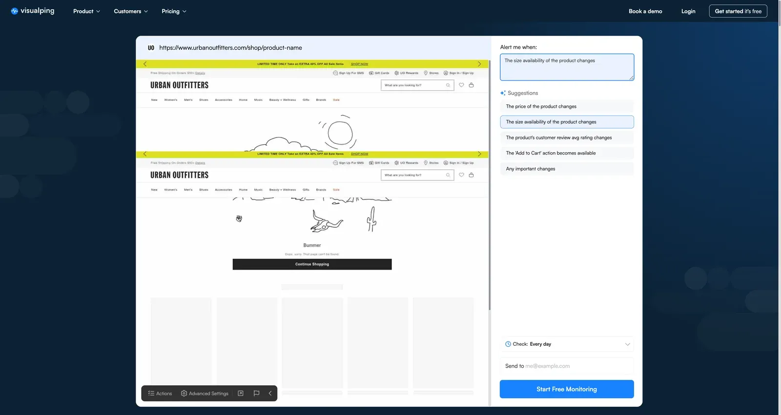 Visualping visual selector highlighting the Urban Outfitters size color and Add to Bag area