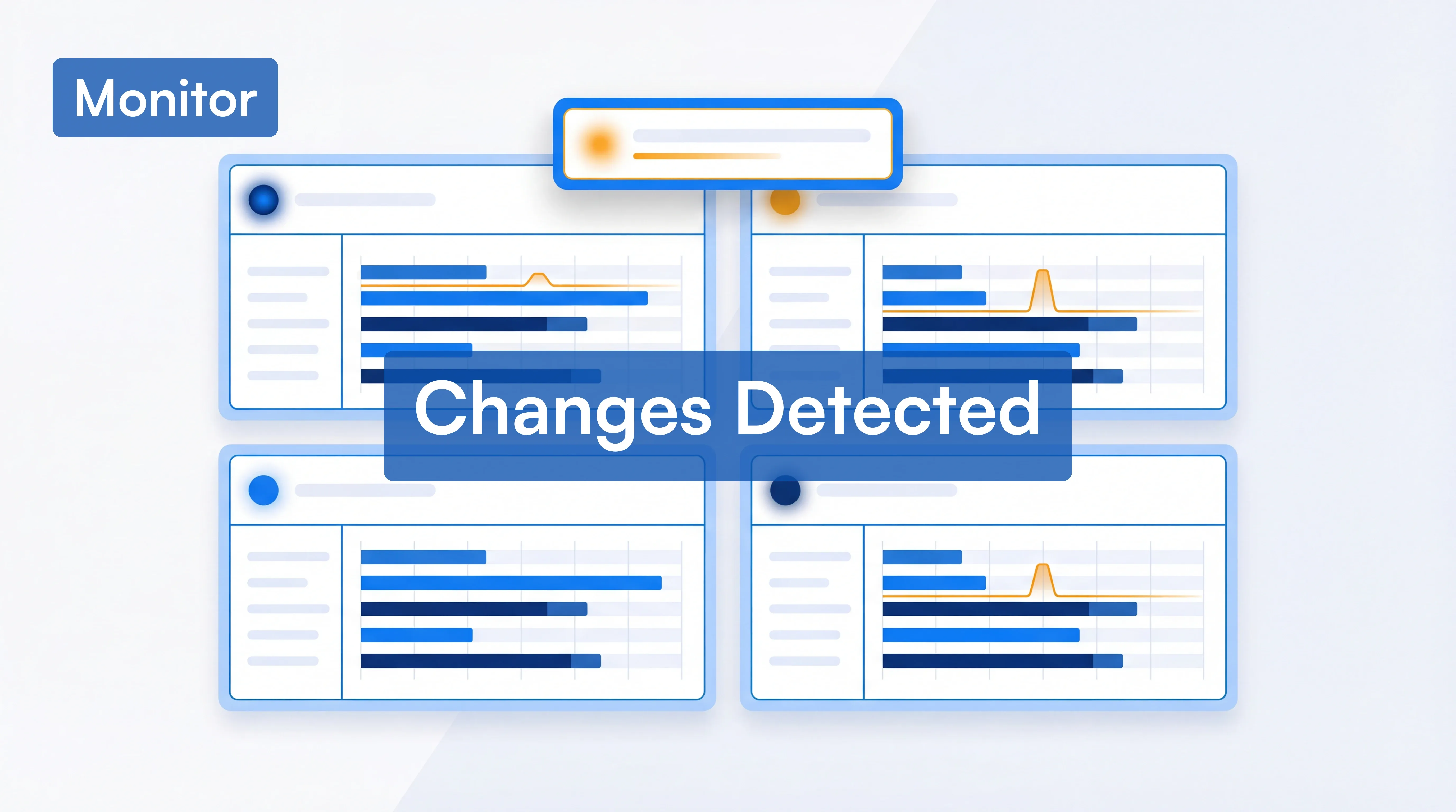 Visualping competitor monitoring dashboard showing changes detected across four monitored competitor pages