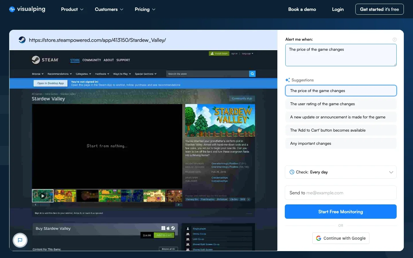 Visualping monitor setup on a Steam store page for Stardew Valley with the alert condition set to the price of the game changing