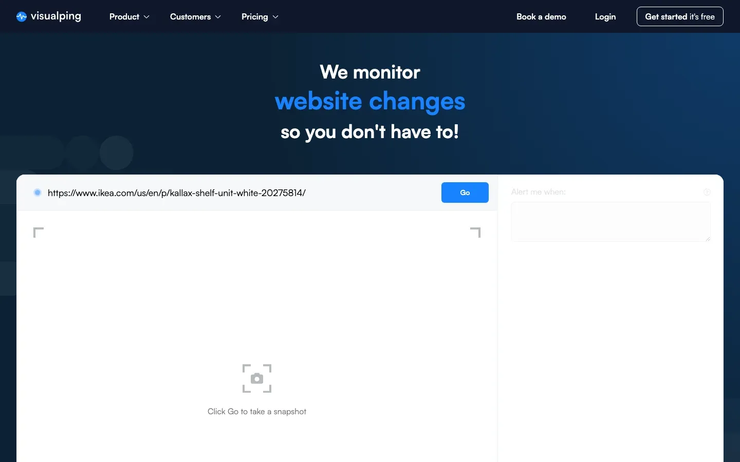 Visualping homepage with IKEA product URL entered in the monitoring setup field