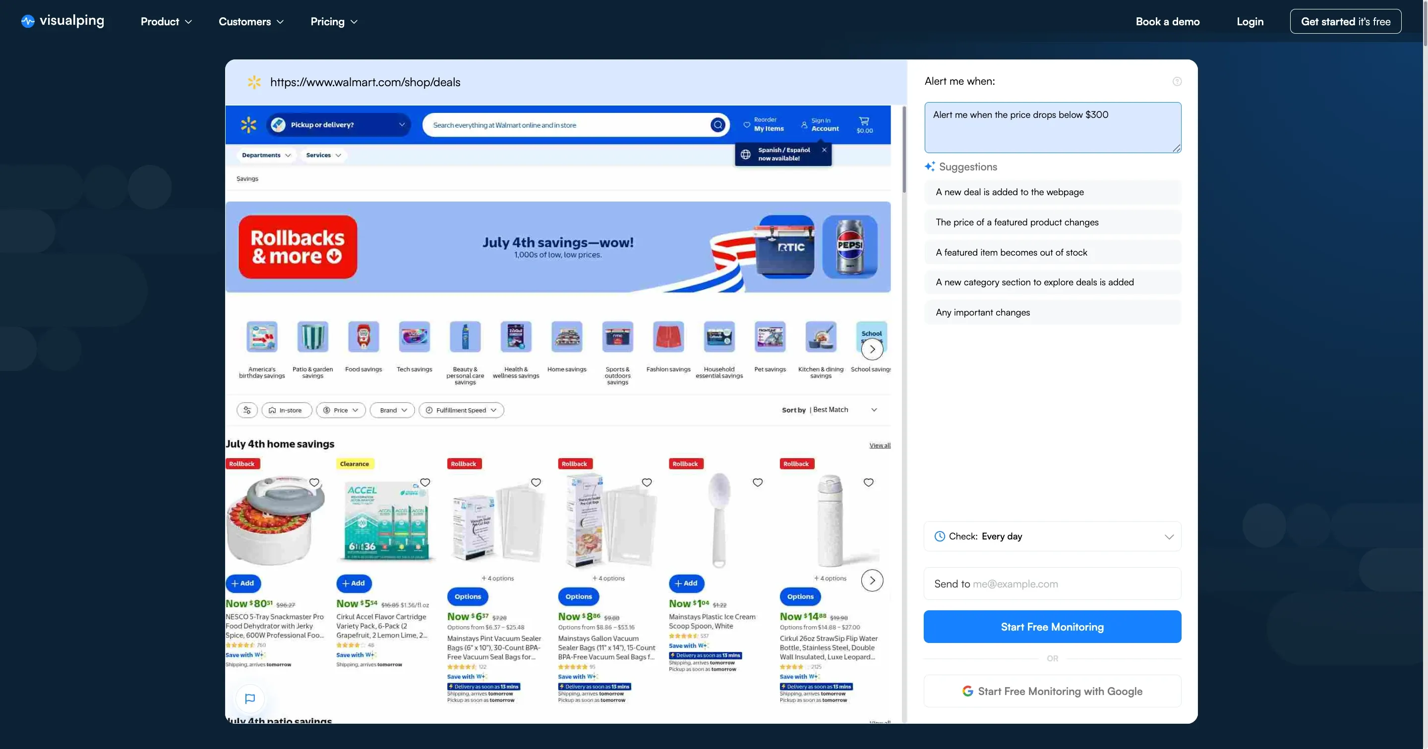 Visualping monitoring Walmart's deals page with a price drop below $300 prompt