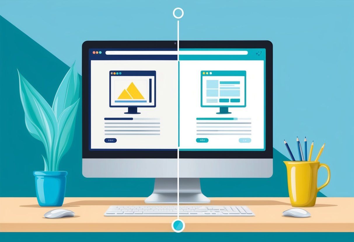 A computer screen split in half, showing an initial design on the left and a new version on the right, with a progress bar indicating the comparison process