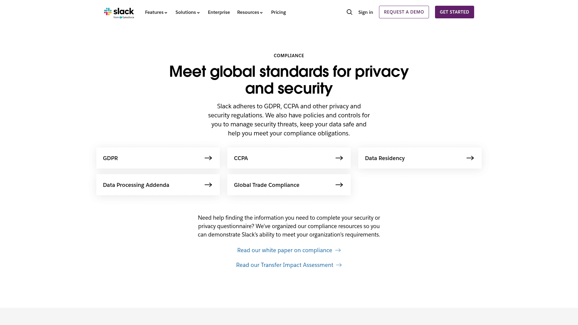 Real vendor trust center page listing GDPR, CCPA, DPA, and compliance attestations
