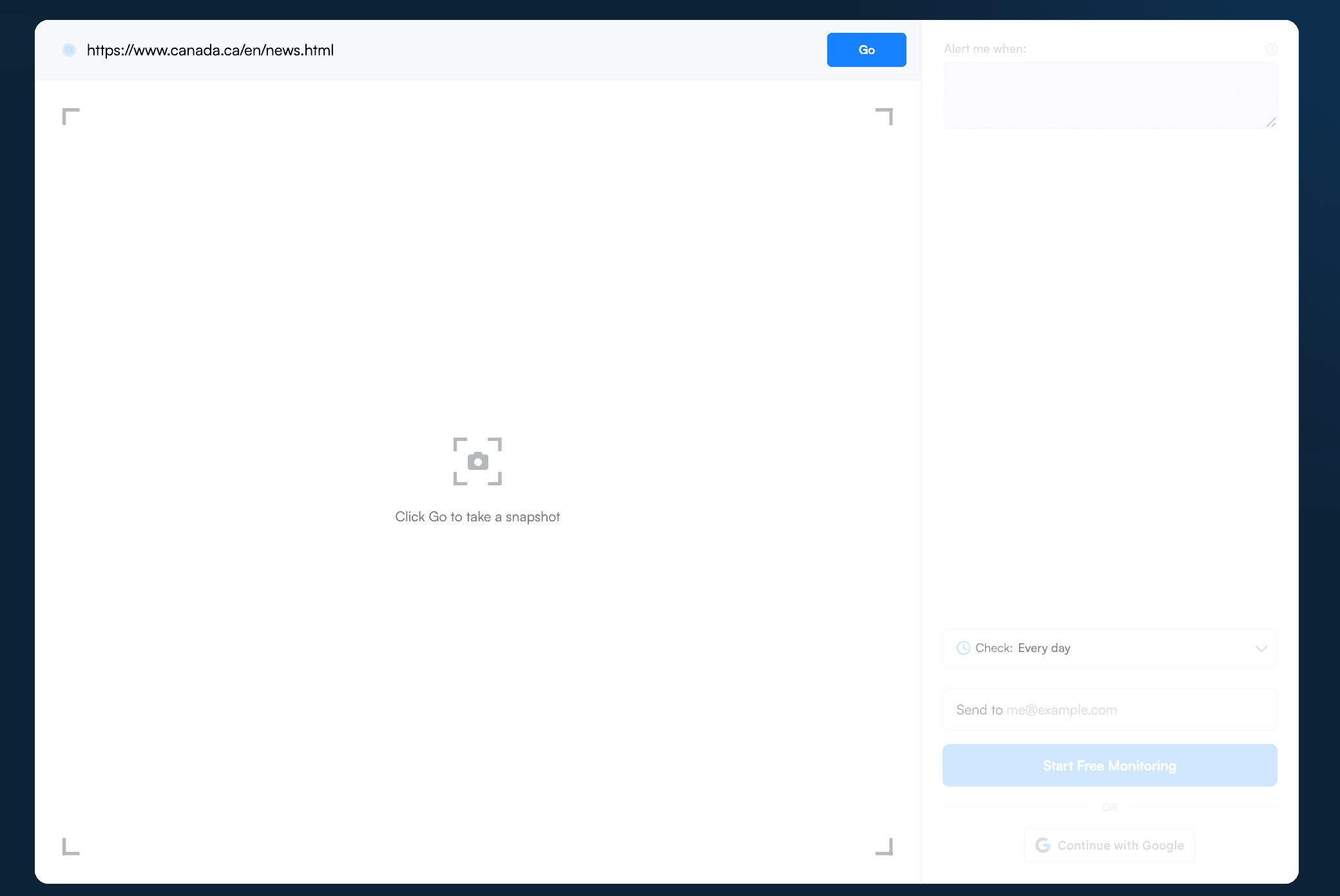 Entering a page URL to monitor in Visualping
