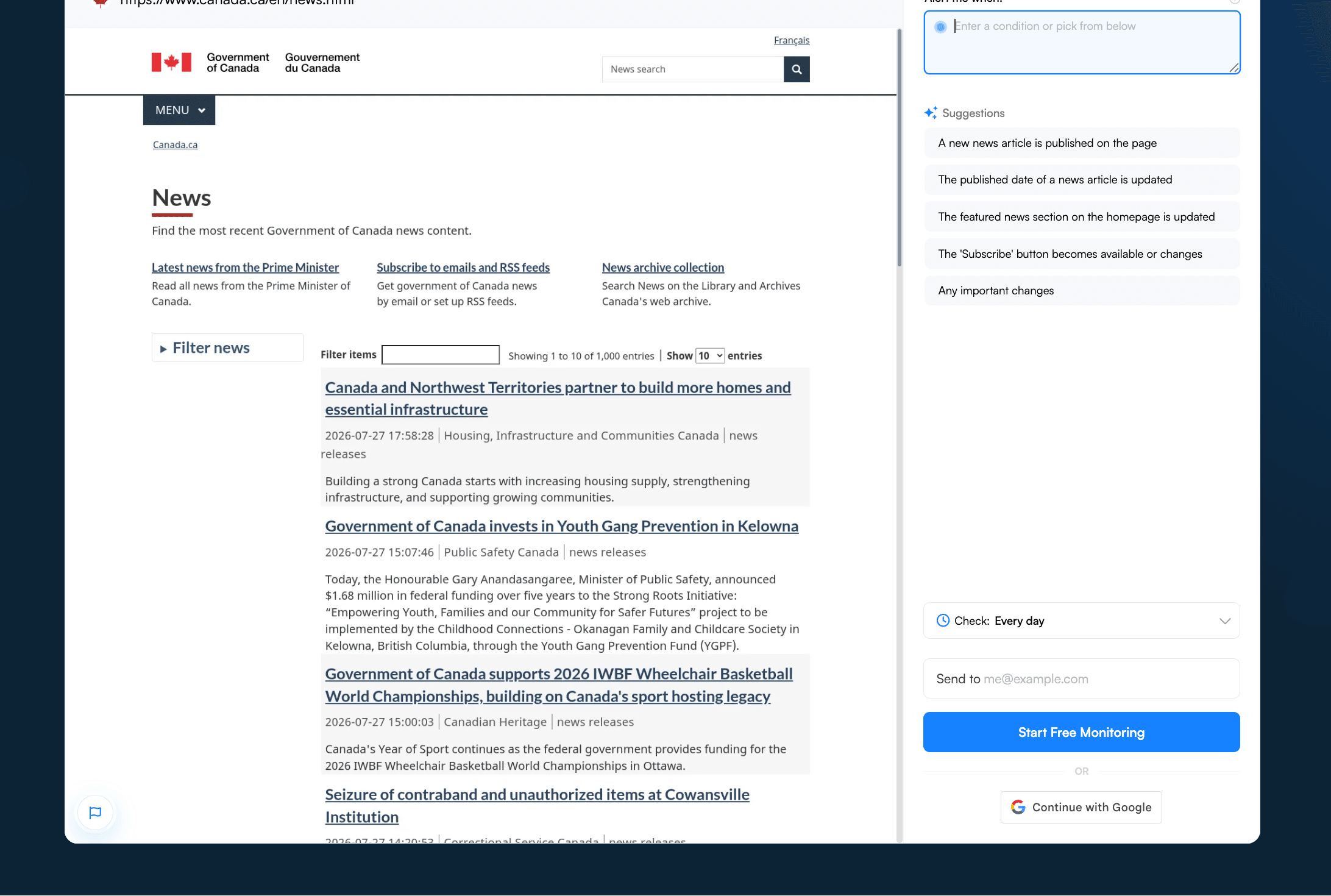 The monitored page loaded in the Visualping viewport with AI-suggested alert conditions