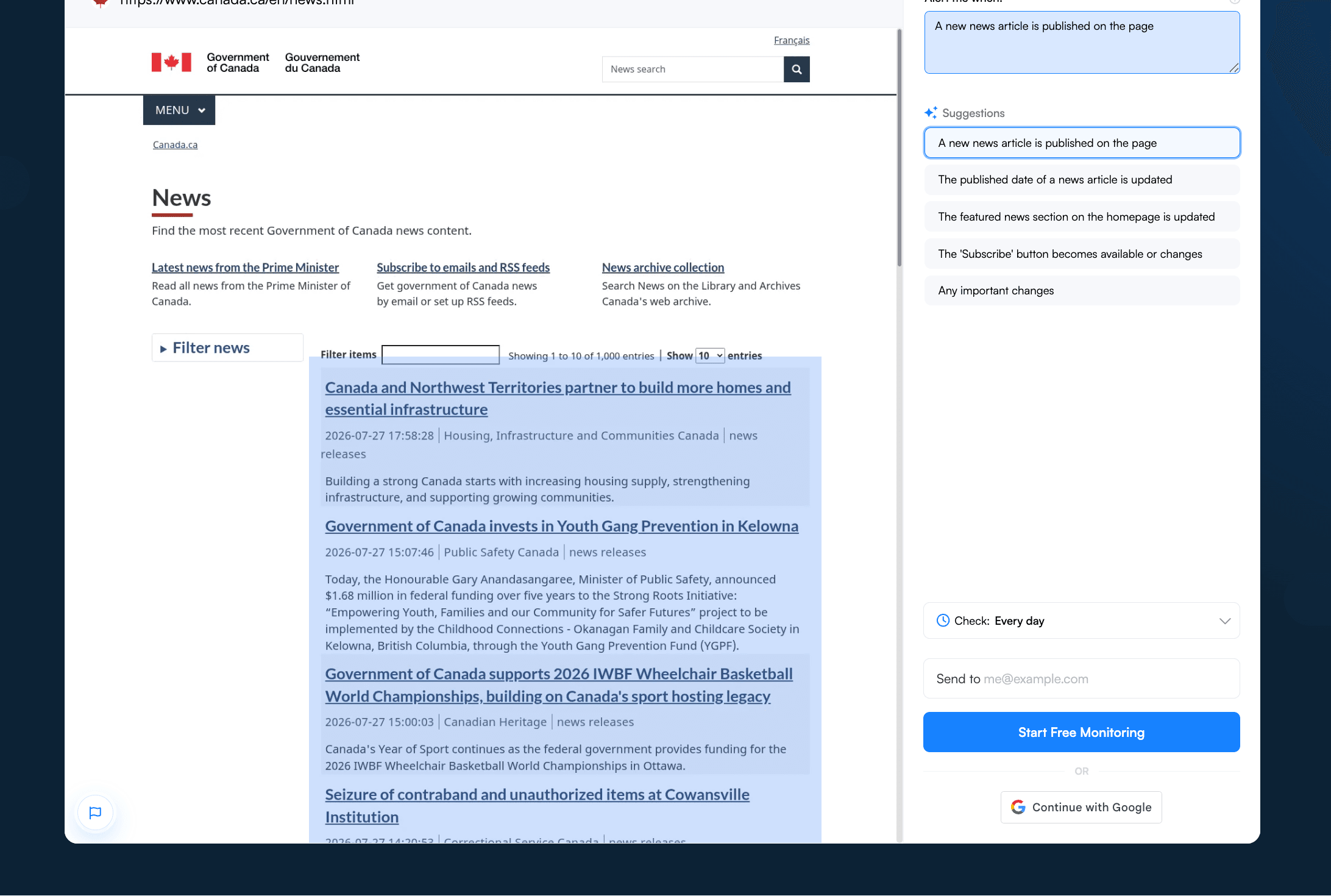 An AI alert condition filled in, with page-specific suggestions below