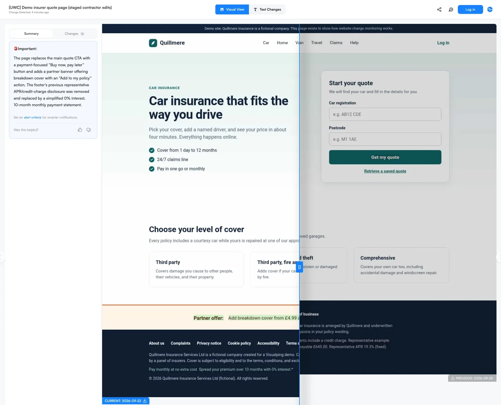Visualping diff viewer showing unauthorized website changes on a demo quote page, current versus previous
