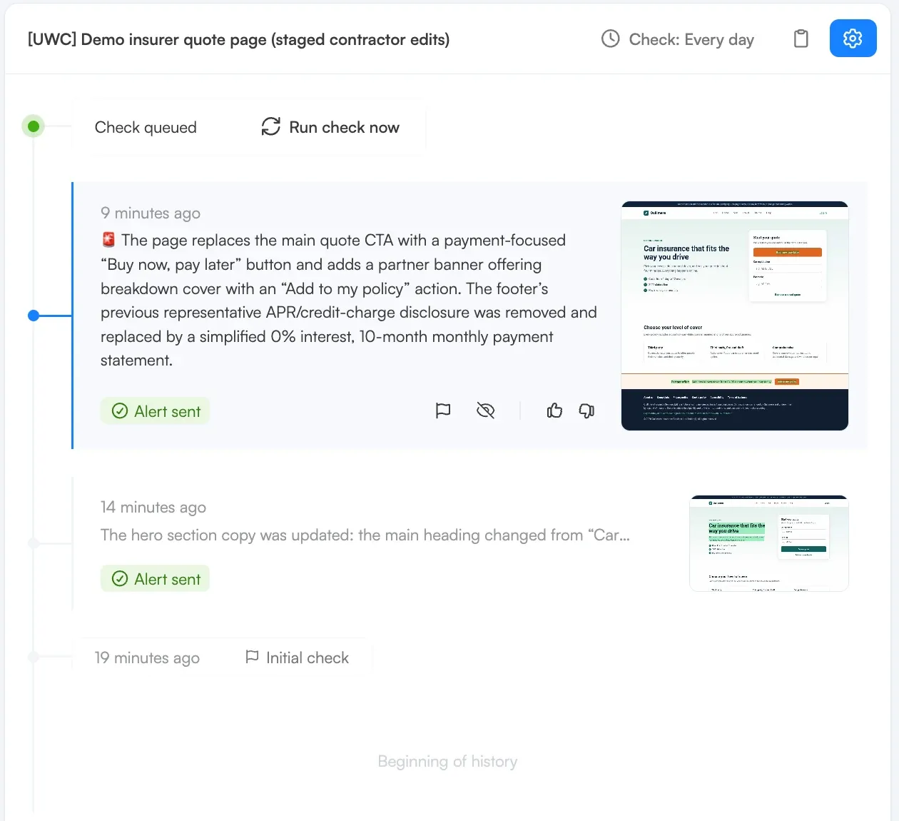 Visualping history timeline with an initial check, a routine hero change, and an IMPORTANT alert