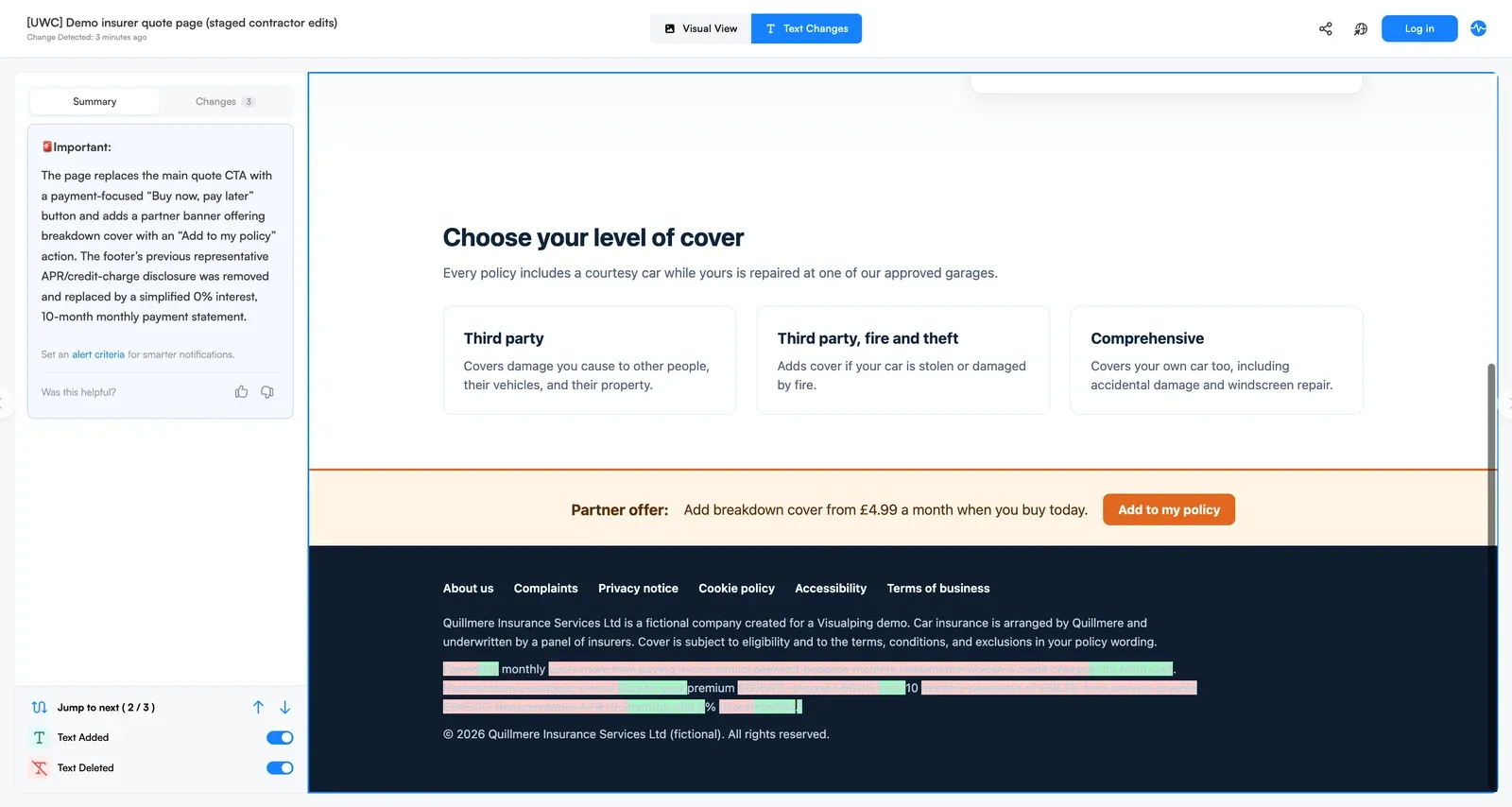 Visualping text diff showing a footer APR disclosure replaced by a zero percent interest claim