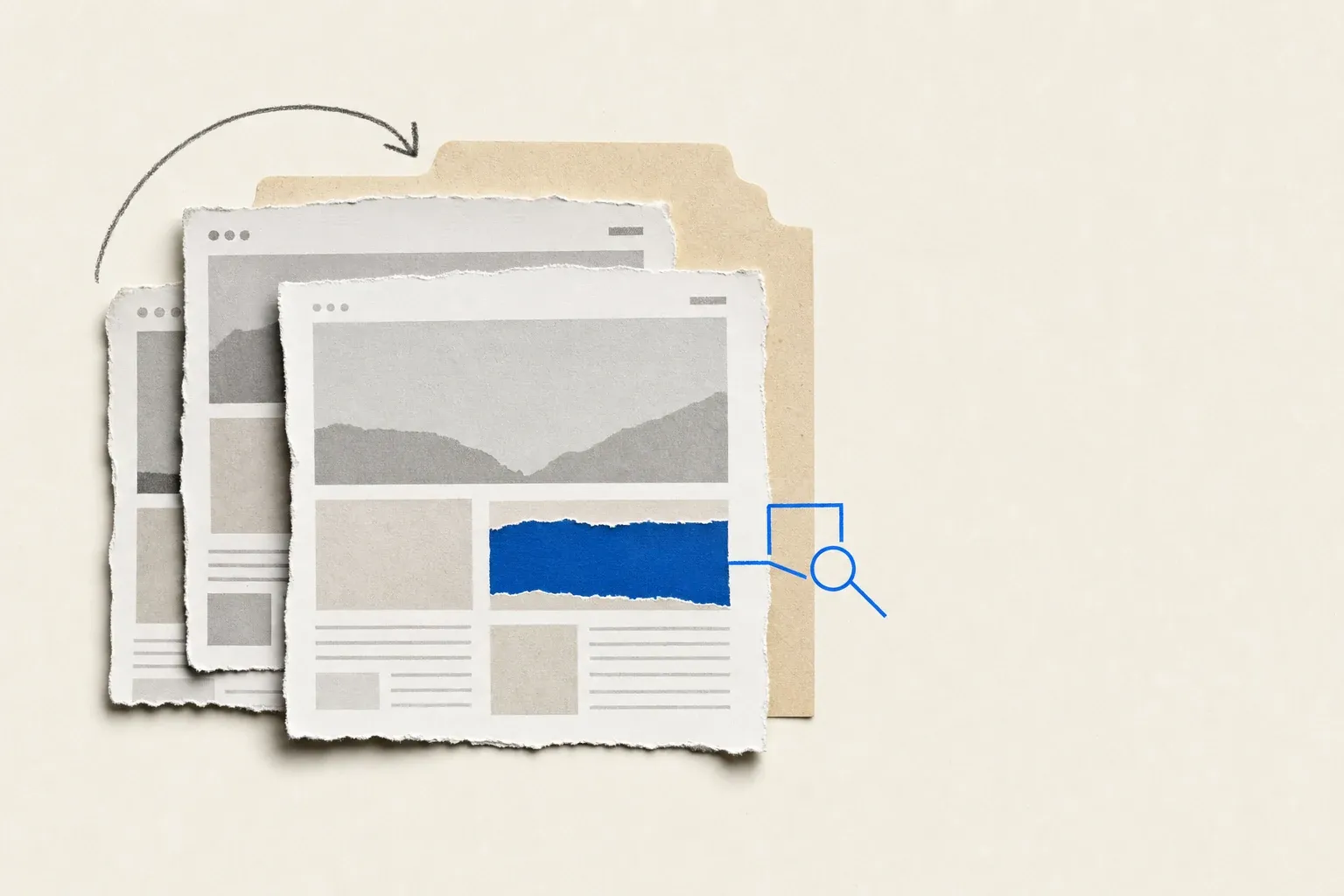 Paper collage of three layered page snapshots in a folder with one changed section marked in blue