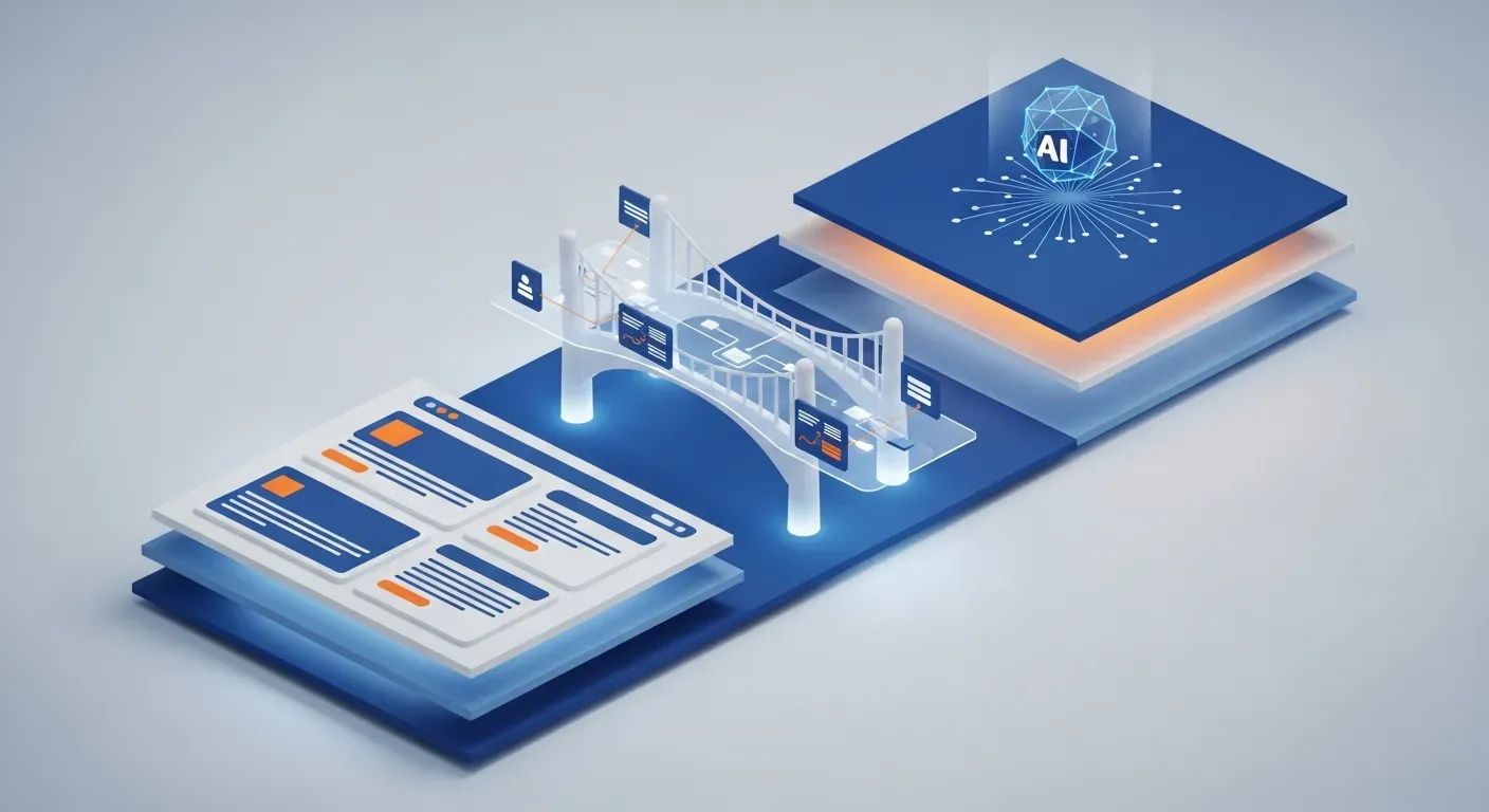 Three-layer architecture showing website foundation, WebMCP bridge, and AI agent layer