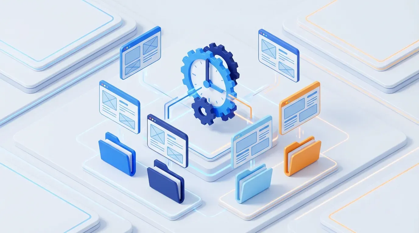 Multiple browser windows being archived into color-coded folders with clock elements