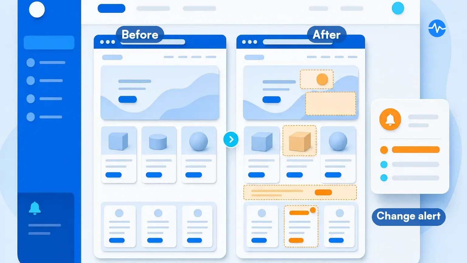 Competitor webpage comparison with highlighted changes and alert card