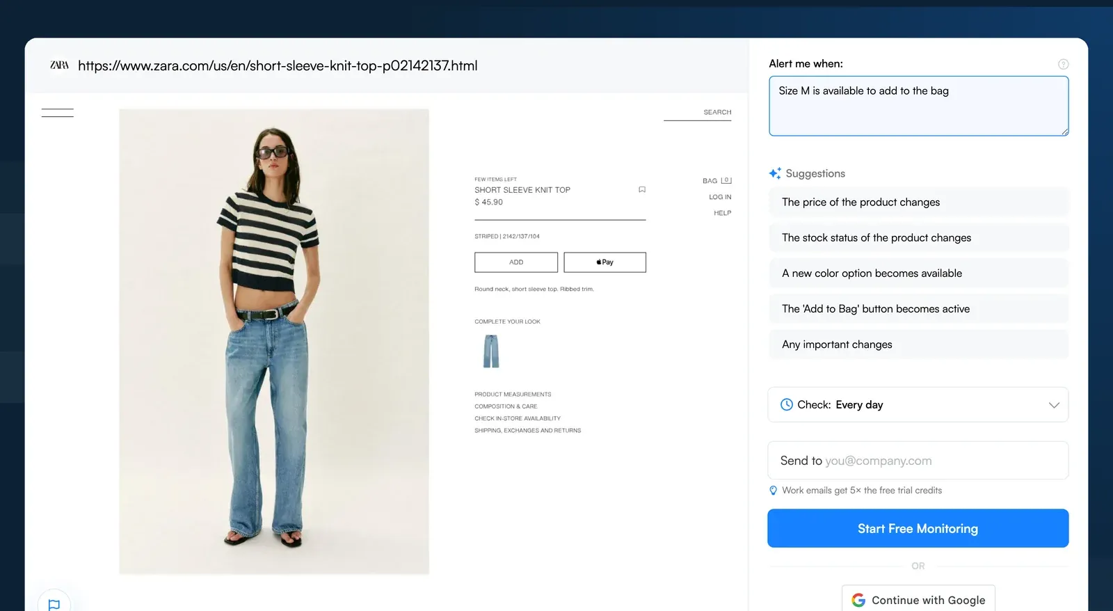 Visualping monitor setup on a Zara knit top page with an Alert me when condition for size M and daily checks